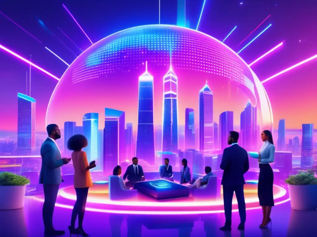 Futuro de blockchain en ciudad futurista Oportunidades de inversión en blockchain: Futurista ciudad con rascacielos de blockchain y profesionales entusiasmados
