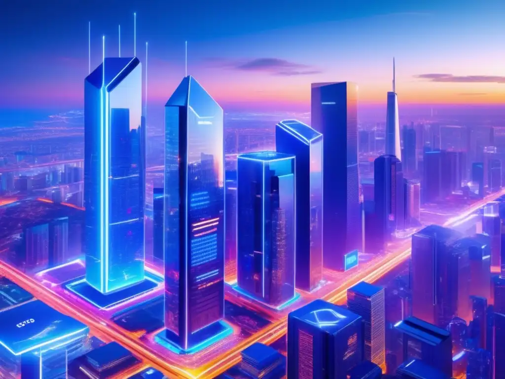 Futurista ciudad blockchain con rascacielos y vehículos voladores Oportunidades de inversión en blockchain: Futurista ciudad con rascacielos modernos, vehículos autónomos y profesionales discutiendo