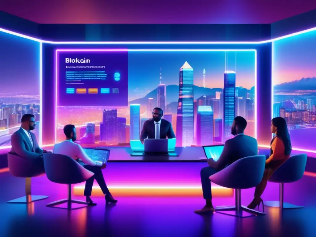 Oportunidades de inversión en blockchain Oportunidades de inversión en blockchain: Futurista ciudad con profesionales discutiendo y gráficos holográficos