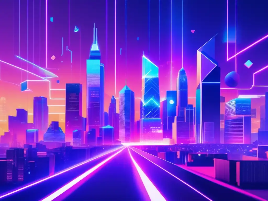 Futuro de la blockchain en la ciudad Oportunidades de inversión en blockchain: Futurista ciudad con rascacielos de formas geométricas inspiradas en blockchain, adornados con proyecciones holográficas