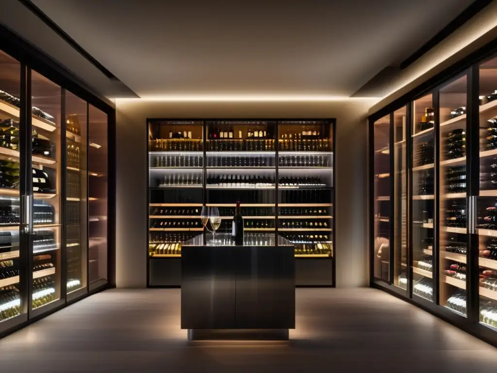 Bodega de vinos moderna y elegante Oportunidades de inversión en bodegas boutique: moderna y elegante bodega de vinos con detalles ultradetallados, iluminación natural y botellas meticulosamente organizadas