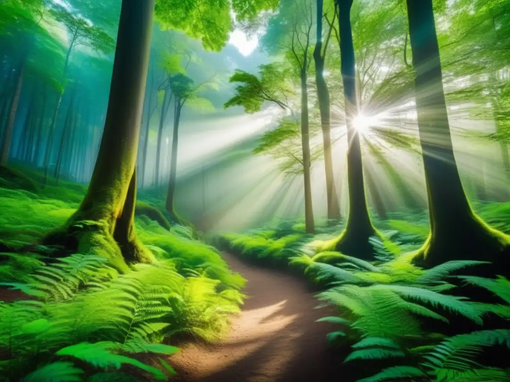 Bosque verde y majestuoso, invitando a invertir en bonos verdes Oportunidades de inversión en bonos verdes: un bosque exuberante y majestuoso, con árboles altos y frondosos que se elevan hacia el cielo