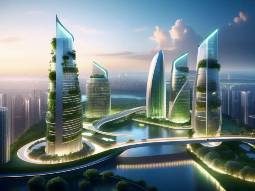 Ciudad futurista con edificios de vidrio y jardines verticales Oportunidades de inversión en bonos verdes: ciudad futurista sostenible con edificios de vidrio, jardines verticales y transporte eléctrico