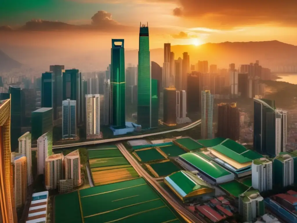 Oportunidades de inversión en mercados emergentes y bonos verdes Oportunidades inversión bonos verdes: Ciudad emergente con arquitectura moderna y parque verde