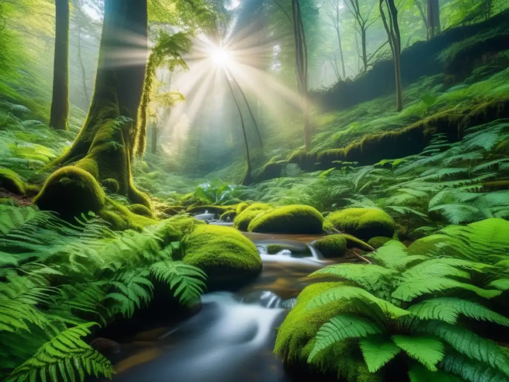 Bosque verde exuberante con arroyo cristalino Oportunidades de inversión en bonos verdes en un bosque exuberante y sereno