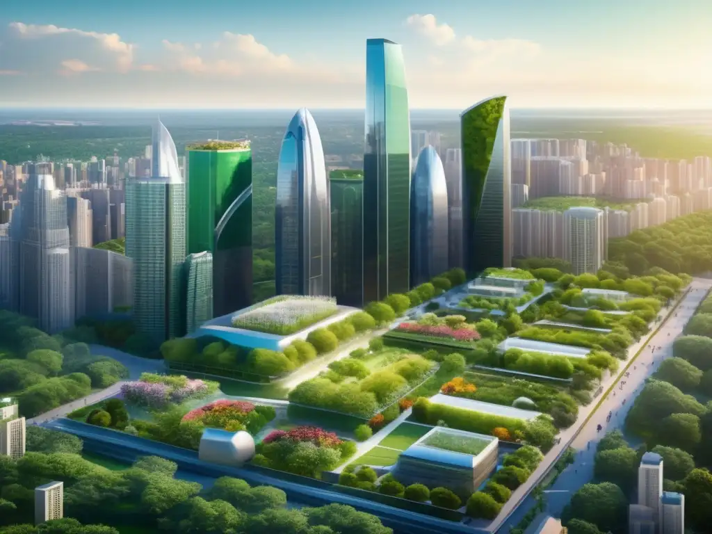 Ciudad moderna: skyline verde y sostenible Oportunidades de inversión en bonos verdes: Ciudad moderna y sostenible con rascacielos, parque verde y vehículos eléctricos
