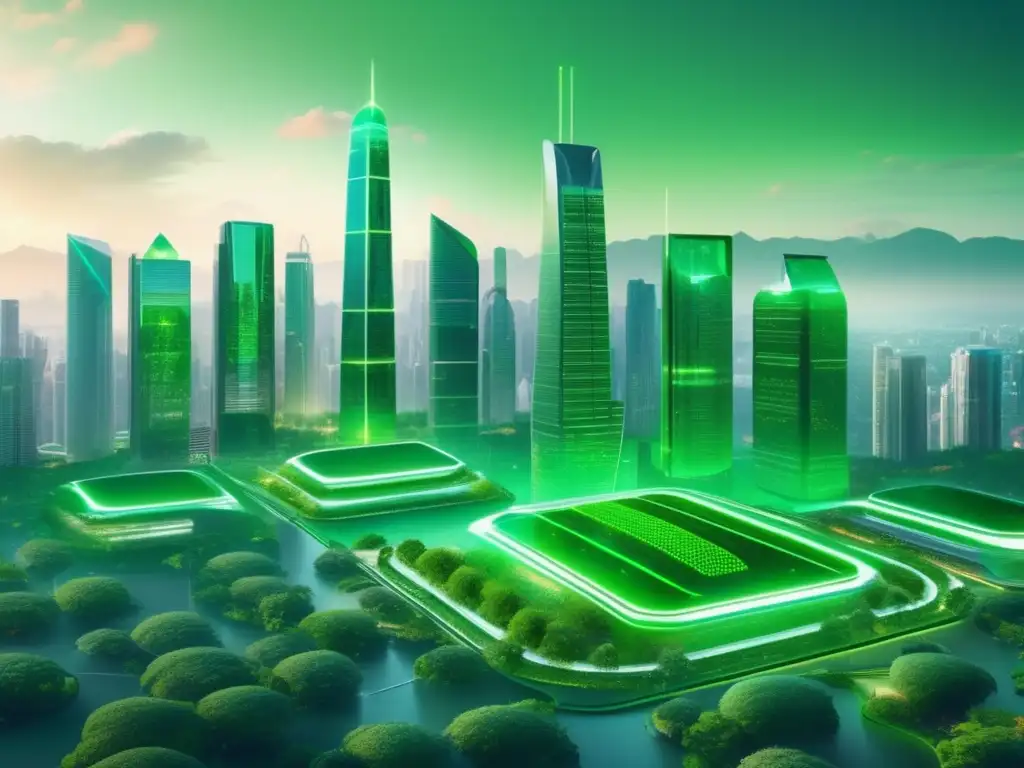Futuro sostenible: Ciudad verde con rascacielos eco Oportunidades de inversión en bonos verdes en una ciudad futurista con rascacielos verdes y tecnología avanzada