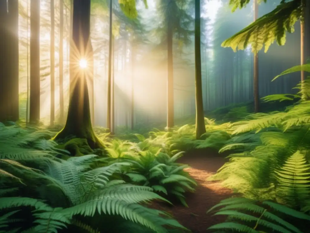 Bosque sostenible: inversión en la naturaleza Oportunidades inversión bonos verdes: Imagen impactante de un bosque exuberante bañado en suave luz dorada