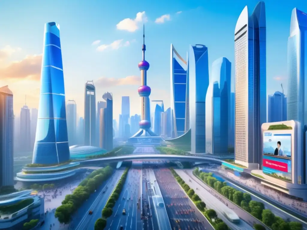 Ciudad futurista con rascacielos y gente animada Oportunidades de inversión en China: Ciudad moderna con rascacielos y gente de diferentes nacionalidades en una calle concurrida