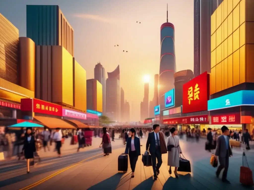 Escena vibrante de una ciudad china moderna Oportunidades de inversión en China: Escena de una ciudad moderna en China con rascacielos, gente, tiendas y potencial de negocios