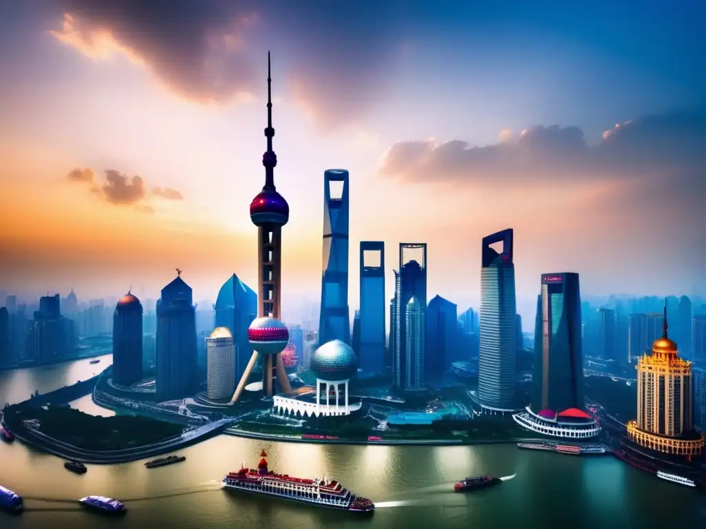 Atardecer en Shanghai: ciudad vibrante y moderna Oportunidades de inversión en China: panorámica de Shanghai al atardecer, con rascacielos iluminados, el río Huangpu y diversidad de inversores