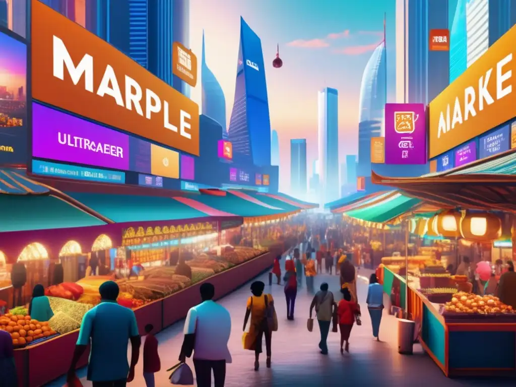 Mercado vibrante en ciudad futurista Oportunidades de inversión en comercio electrónico en un vibrante mercado emergente