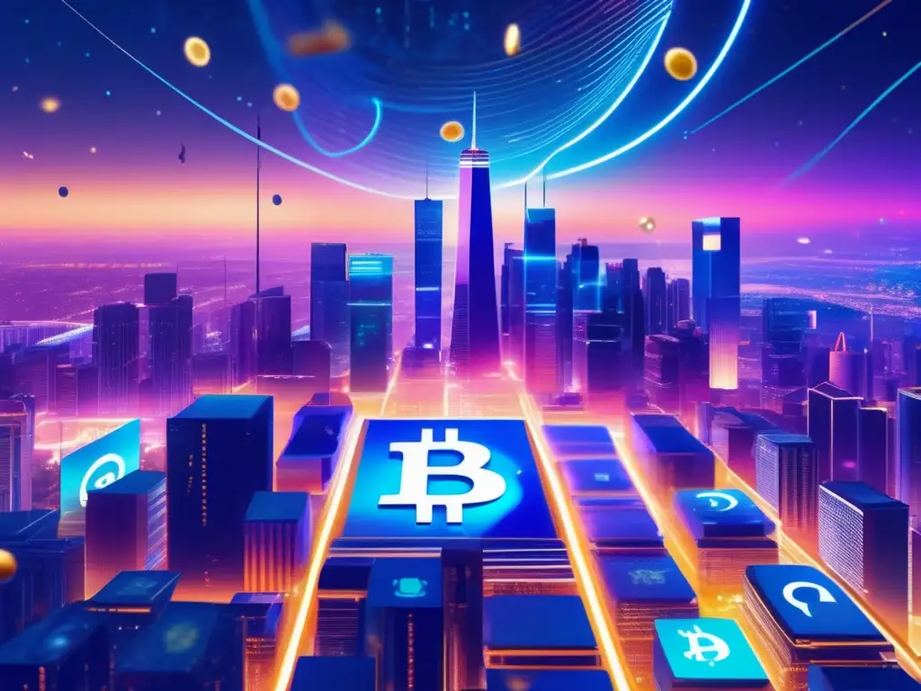 Futuro criptográfico en ciudad luminosa Oportunidades de inversión en criptomonedas en una ciudad futurista con rascacielos y transacciones digitales
