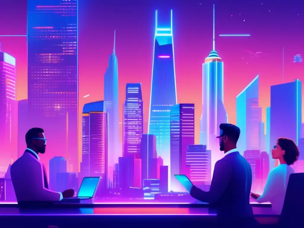 Ciudad futurista con rascacielos y luces de neón Oportunidades de inversión en criptomonedas en una ciudad futurista con rascacielos brillantes y profesionales discutiendo