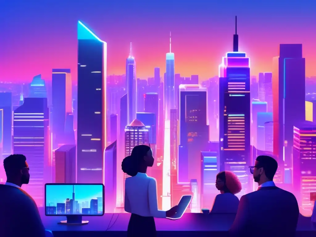 Ciudad moderna al atardecer con profesionales y tecnología Oportunidades de inversión en criptomonedas en una ciudad futurista con rascacielos, luces brillantes y profesionales