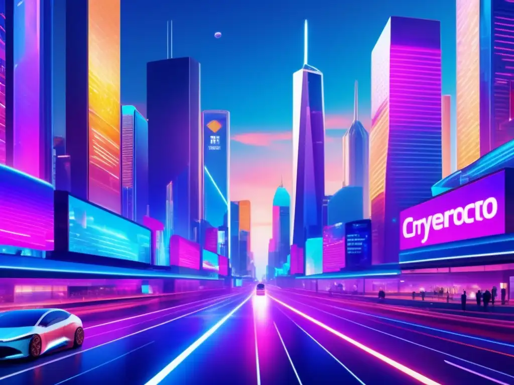 Oportunidades en criptomonedas: Futurista ciudad digital Oportunidades de inversión en criptomonedas en una ciudad futurista con rascacielos y tecnología avanzada