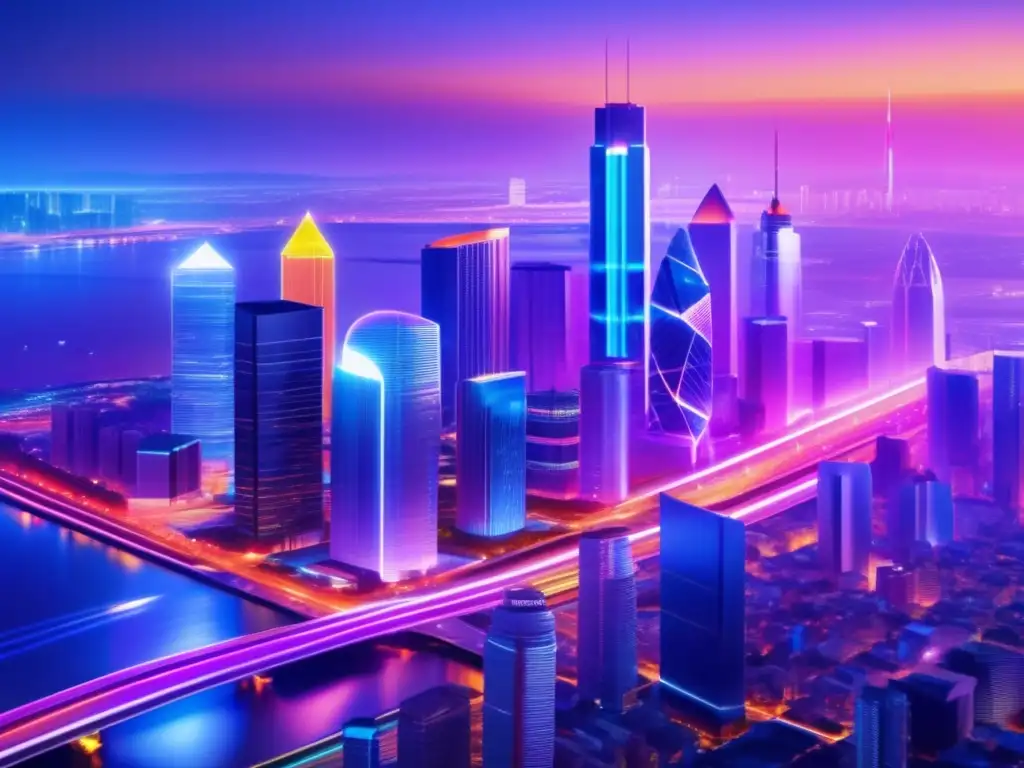 Futuro urbano con criptomonedas Oportunidades de inversión en criptomonedas en una ciudad nocturna futurista con rascacielos iluminados y profesionales analizando gráficos