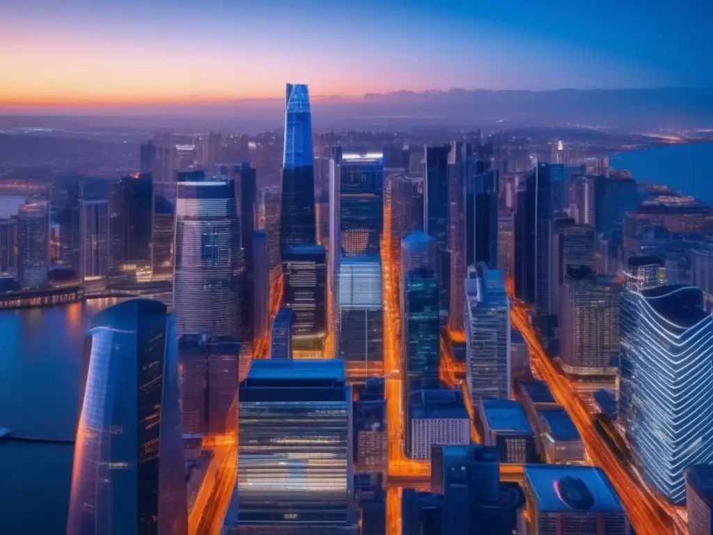 Metrópolis vibrante en atardecer: oportunidades de crowdfunding Oportunidades de inversión en crowdfunding: Ciudad moderna al atardecer, rascacielos iluminados y vibrante actividad