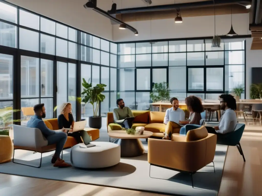 Equipo innovador en espacio de coworking Oportunidades de inversión en crowdfunding: Grupo diverso trabajando en proyecto innovador