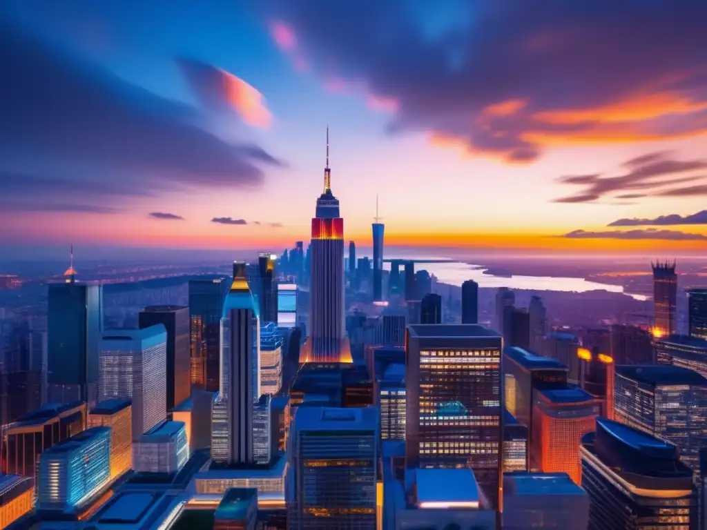 Ciudad moderna al atardecer: energía y potencial Oportunidades de inversión en los dividendos de empresas de alto rendimiento