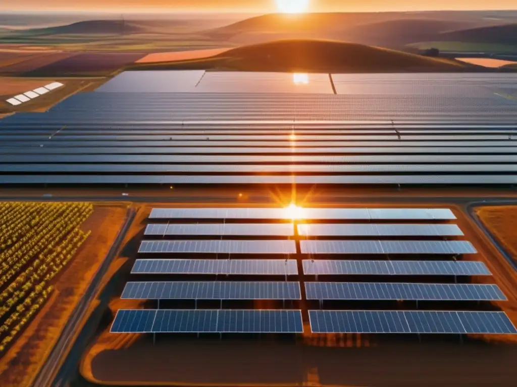 Planta solar: tecnología y belleza Oportunidades inversión energía solar: planta solar 8k detallada, trabajadores inspeccionando paneles, cielo azul sin límites