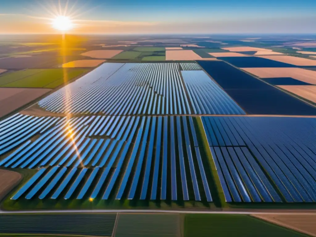 Granja solar impresionante Oportunidades inversión en energía solar: impresionante vista aérea de una granja solar con miles de paneles capturando energía limpia y sostenible