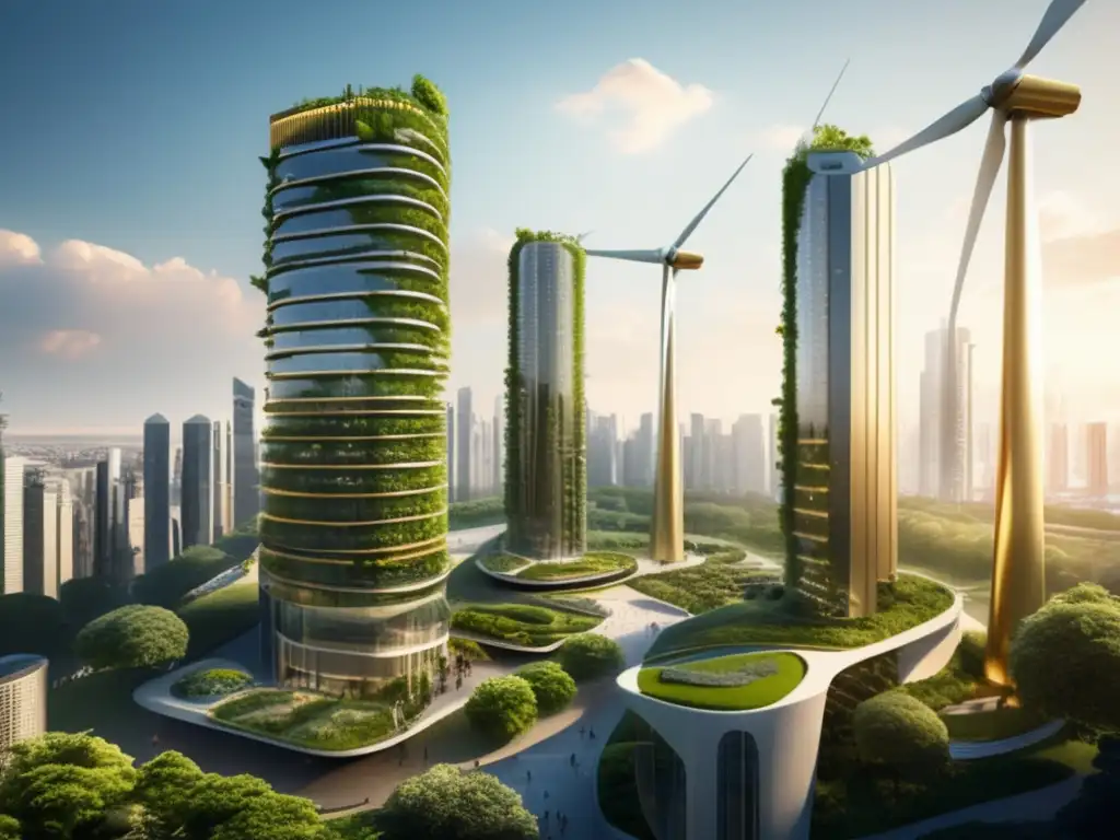 Ciudad futurista: armonía naturaleza-tecnología Oportunidades inversión energías limpias: Futurista ciudad con rascacielos verdes, energía renovable y armonía naturaleza-tecnología