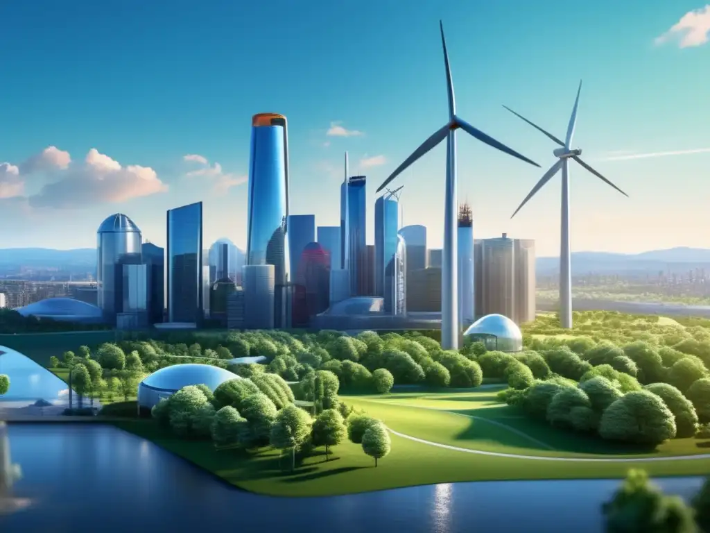 Ciudad sostenible y vibrante con energía limpia Oportunidades inversión en energías limpias: ciudad sostenible con skyline moderno, parques verdes, vehículos eléctricos