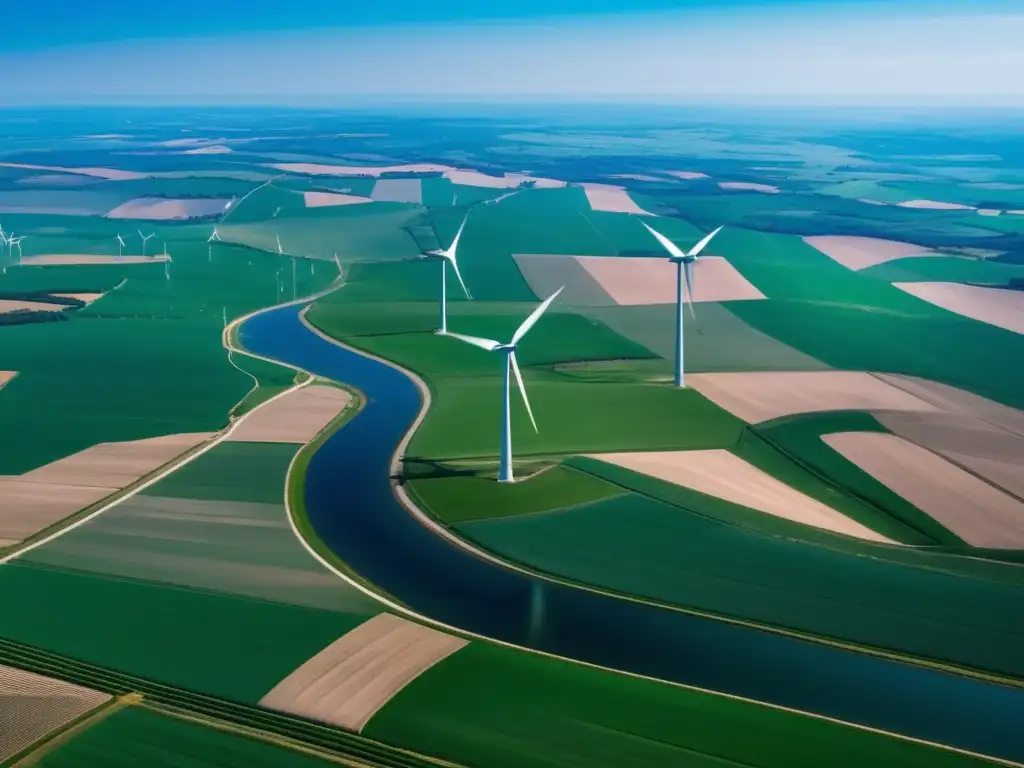 Impresionante vista aérea de un extenso paisaje europeo adornado con relucientes aerogeneradores Oportunidades de inversión en energías renovables en Europa