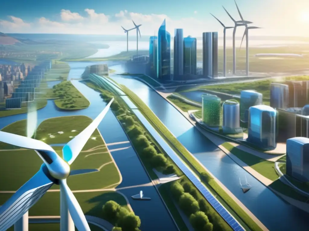 Una ciudad futurista con energías renovables Oportunidades inversión en energías renovables: ciudad futurista con edificios modernos, energía solar, eólica, hidroeléctrica