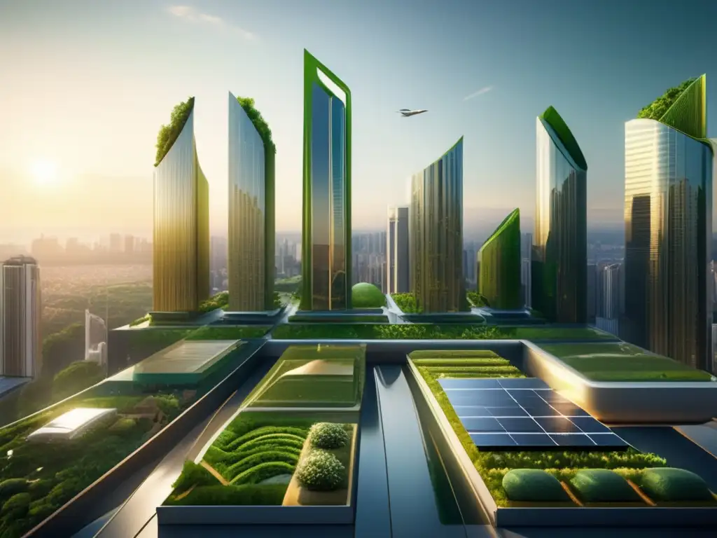 Ciudad moderna y verde, energía renovable y transporte sostenible Oportunidades de inversión en energías renovables: una impresionante imagen en 8k muestra una ciudad moderna y verde bañada en luz dorada