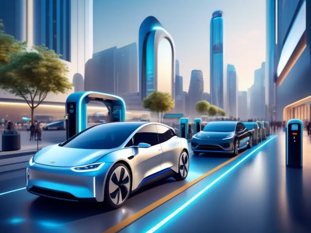 Estación de carga de vehículos eléctricos en una ciudad moderna Oportunidades inversión en energías renovables: escena estación carga EV futurista, vehículos eléctricos vibrantes, infraestructura solar urbana
