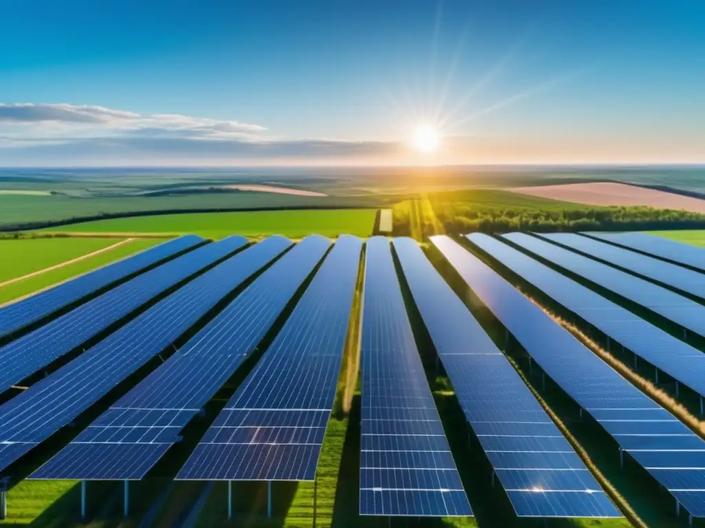 Oportunidades de inversión en energía renovable Oportunidades de inversión en energías renovables: Granja solar con paneles de alta tecnología y profesionales discutiendo