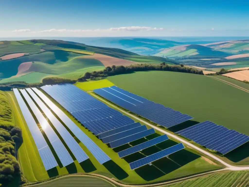 Paisaje verde con granja solar Oportunidades de inversión en energías renovables y cambio climático: paisaje verde con paneles solares