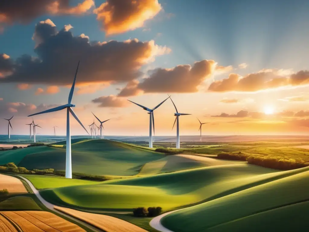 Hermosa panorámica de paisaje verde con molinos de viento y puesta de sol Oportunidades de inversión en energías renovables y cambio climático: paisaje verde con molinos de viento generando energía limpia y renovable