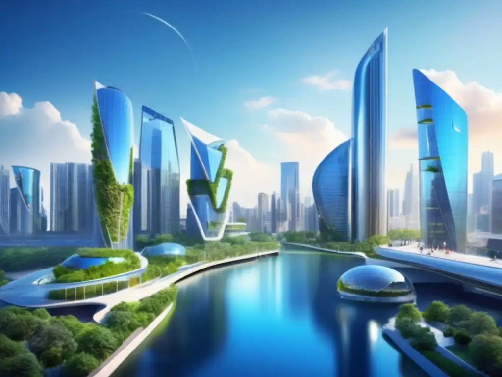 Futuro sostenible: ciudad, negocios y energía limpia Oportunidades de inversión en energías renovables y cambio climático: futurista ciudad sostenible con profesionales en reunión y gráficos holográficos