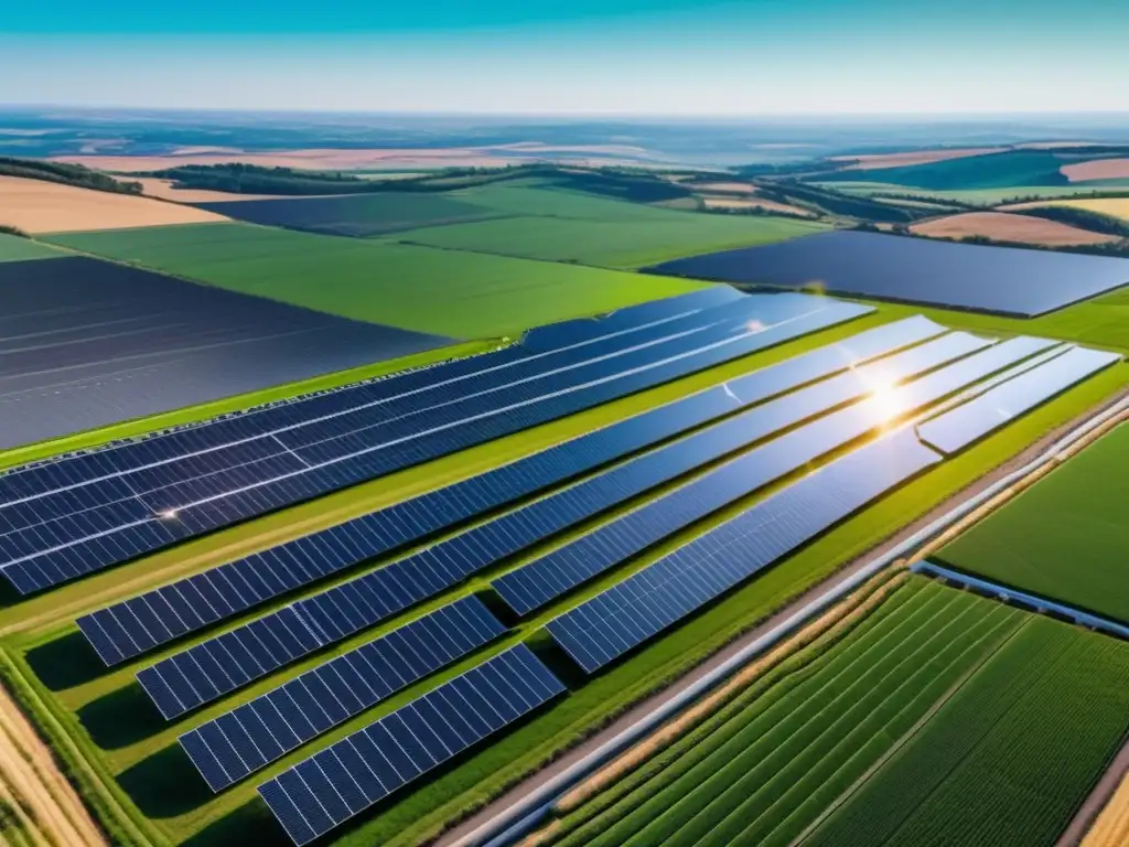 Energía solar: granja solar en paisaje pintoresco Oportunidades de inversión en energías renovables en una granja solar de 8k de alta calidad