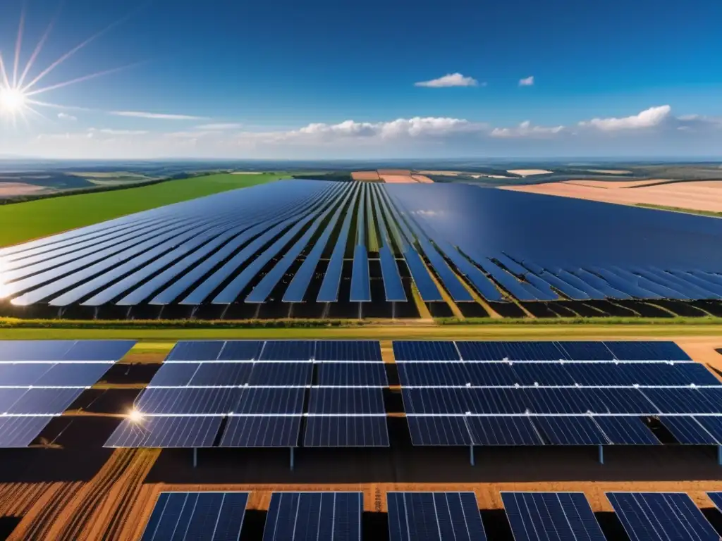 Granja solar expansiva y serena Oportunidades de inversión en energías renovables: Granja solar 8k detallada con paneles negros brillantes y cielo azul sereno