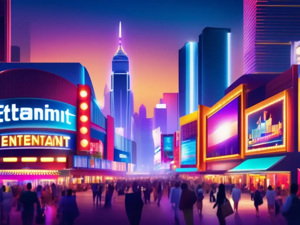 Distrito de entretenimiento nocturno vibrante Oportunidades de inversión en entretenimiento: distrito moderno y vibrante lleno de luces, rascacielos y lugares de entretenimiento