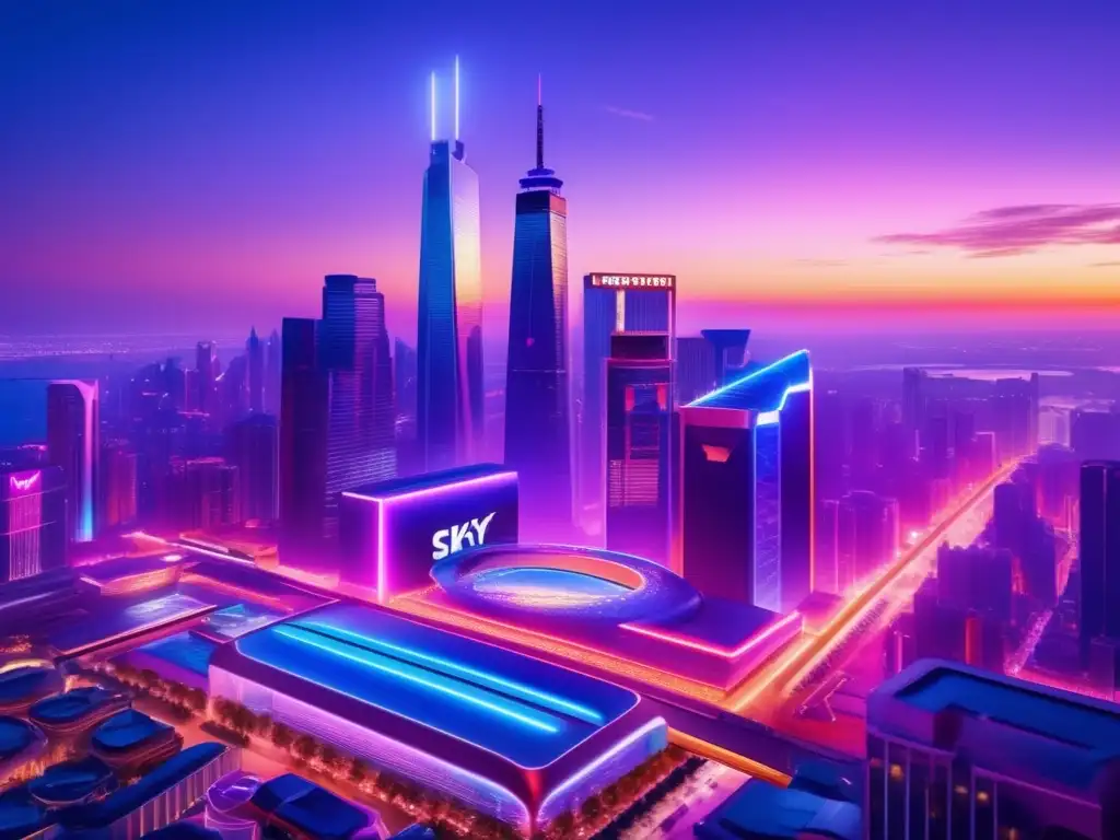 Ciudad futurista con rascacielos y luces de neón Oportunidades de inversión en entretenimiento en una vibrante ciudad futurista con rascacielos y complejo de entretenimiento moderno