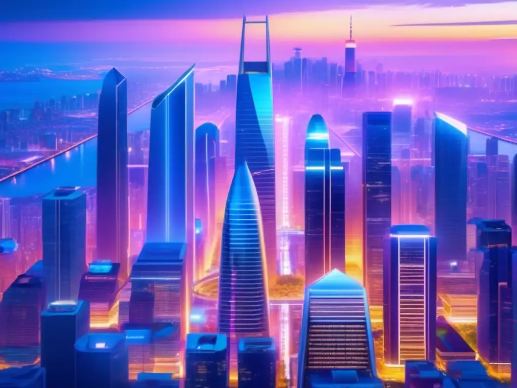 Futurista ciudad nocturna con rascacielos iluminados Oportunidades de inversión financiera en la era del Big Data