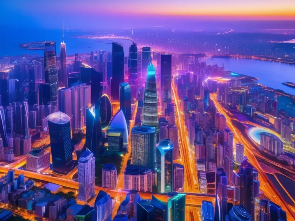 Ciudad futurista con rascacielos iluminados Oportunidades de inversión en blockchain: Ciudad futurista con rascacielos de vidrio y acero, calles llenas de autos y río iluminado