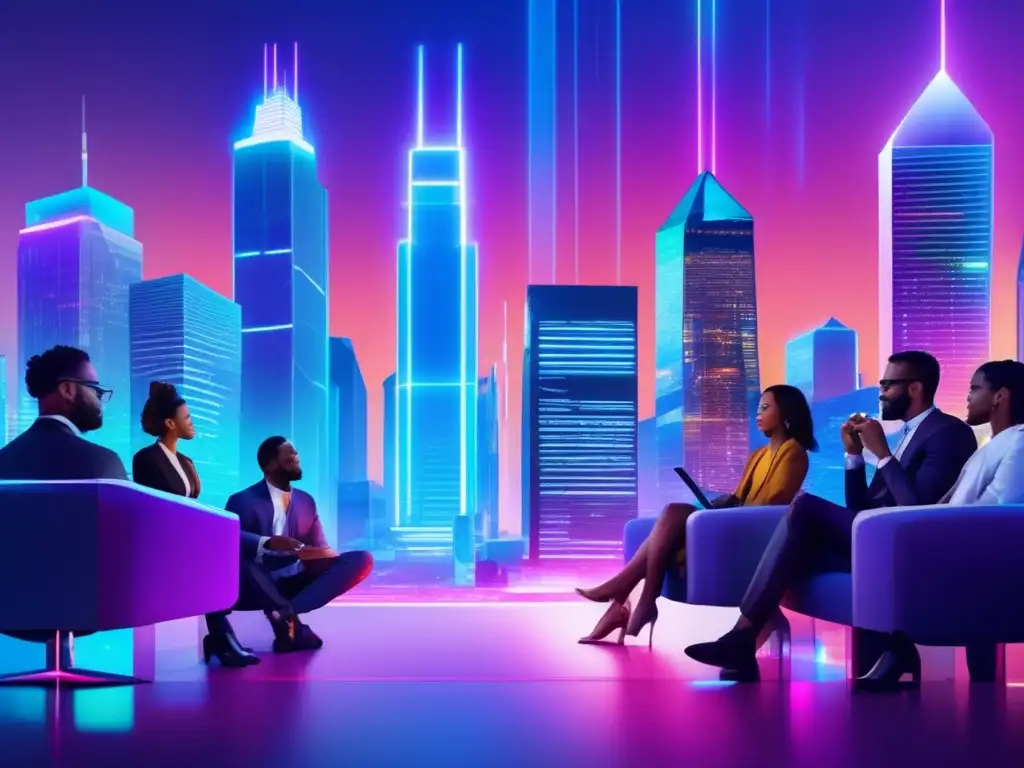 Futuro blockchain: ciudad vibrante, tecnología holográfica Oportunidades de inversión en blockchain: Ciudad futurista con rascacielos, tecnología blockchain y profesionales colaborando
