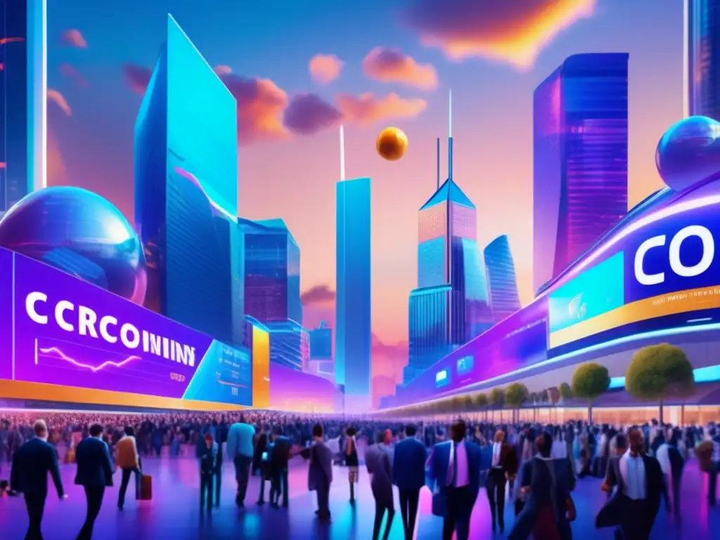 Oportunidades de inversión en ICOs Oportunidades de inversión en ICOs financieras en un futurista hub financiero con edificios de cristal y pantallas digitales de criptomonedas y gráficos de inversión en tiempo real