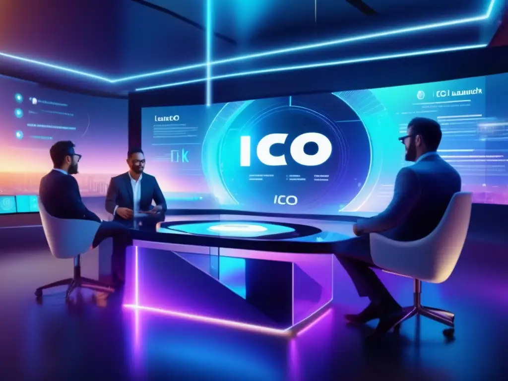 Lanzamiento ICO financiero: interfaz futurista y equipo profesional Oportunidades de inversión en ICOs financieras- Equipo profesional en oficina tecnológica lanza proceso ICO con interfaz futurista y holografía