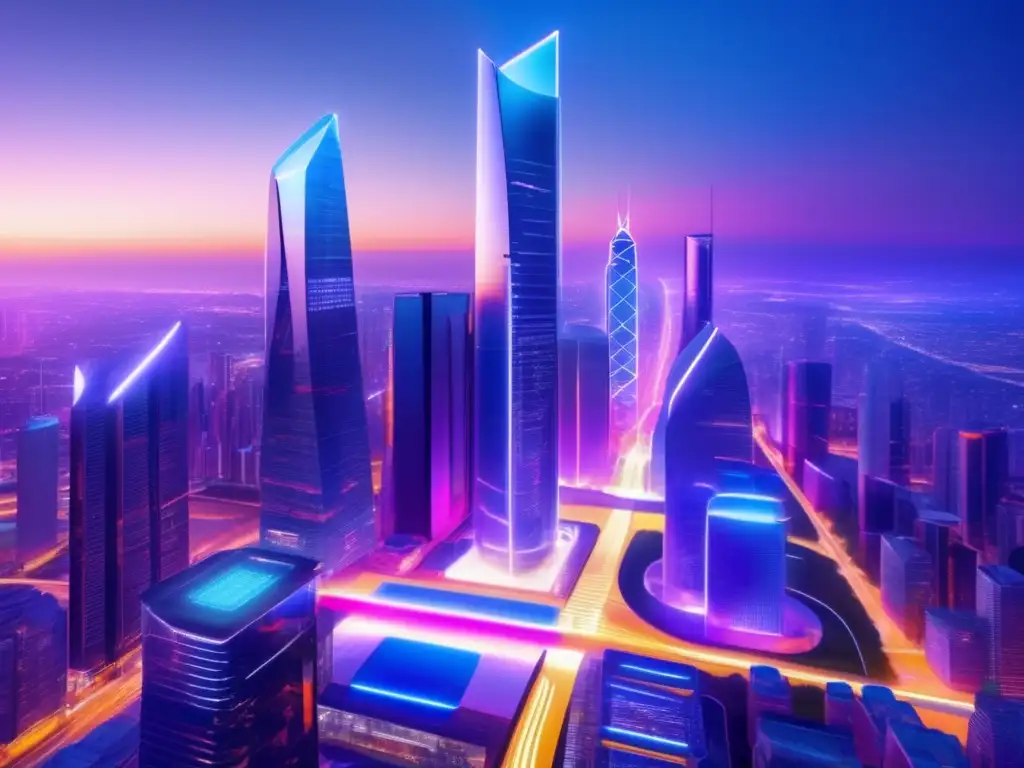 Futurista ciudad tecnológica con profesionales discutiendo Oportunidades de inversión en ICOs financieras en una ciudad futurista con rascacielos de vidrio y acero, tecnología y profesionales discutiendo
