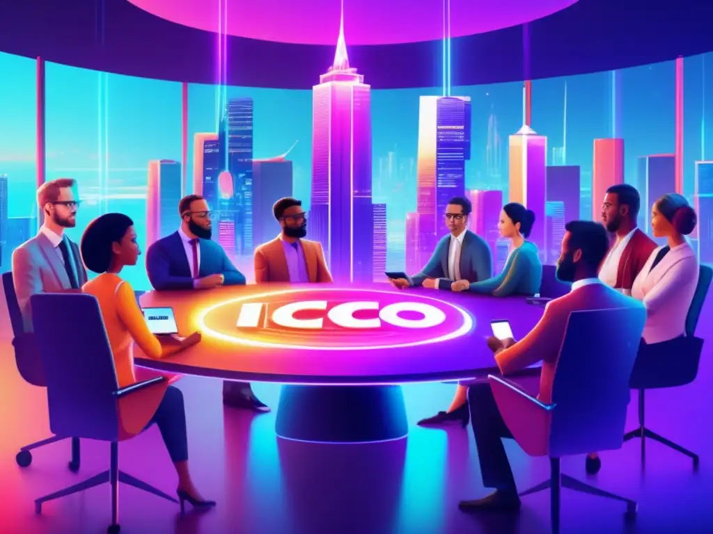 Fusión tecnología-finanzas en ICOs Oportunidades de inversión en ICOs financieras: Fusión de tecnología y finanzas, profesionales diversificados en conferencia con gráficos holográficos