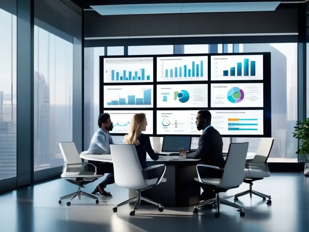 Oficina moderna con equipo tecnológico y profesionales discutiendo Oportunidades de inversión en ICOs financieras - Oficina moderna y elegante con tecnología de vanguardia y equipo profesional discutiendo