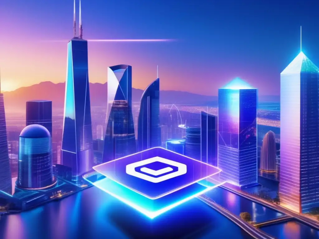 Futuro financiero con criptomonedas Oportunidades de inversión en ICOs financieras: Futurista ciudad financiera con rascacielos y criptomonedas holográficas