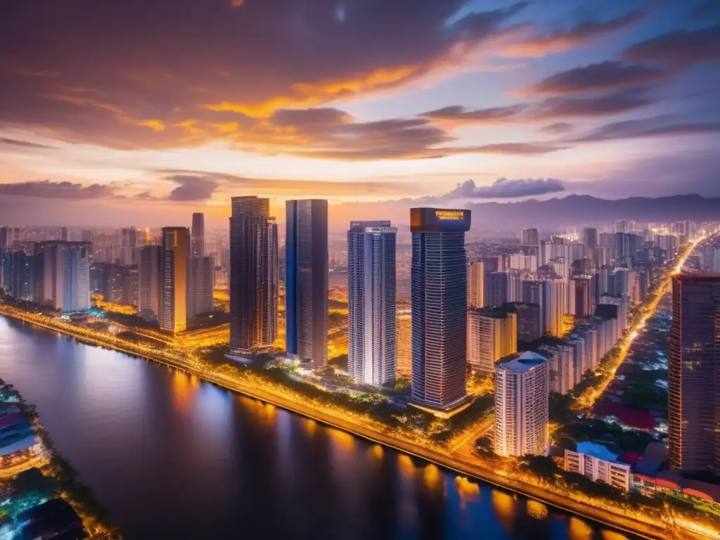 Impresionante ciudad de Manila, capital de Filipinas Oportunidades de inversión en Filipinas: Imagen impresionante de Manila, la capital del país, con su vibrante skyline, río Pasig y la icónica bahía